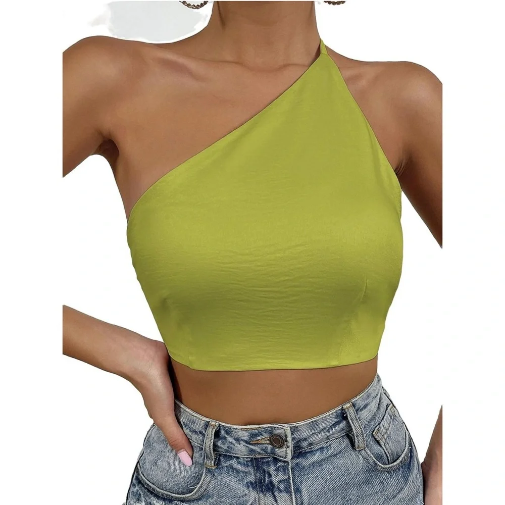 Shein Women Tops Sexy Plain One Shoulder null Olive Green & Blue NWOT - Picture 7 of 12